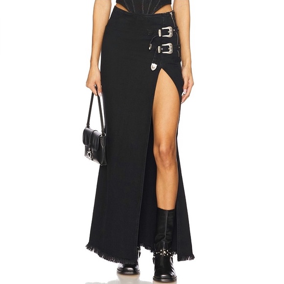 NWT Understated Leather Denim Western Maxi Skirt in Black Size 8